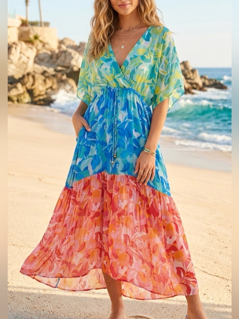 Bleu Rod Beattie Womens 1X Tropical Floral Tiered Swim Cover Up Maxi Dress Multi